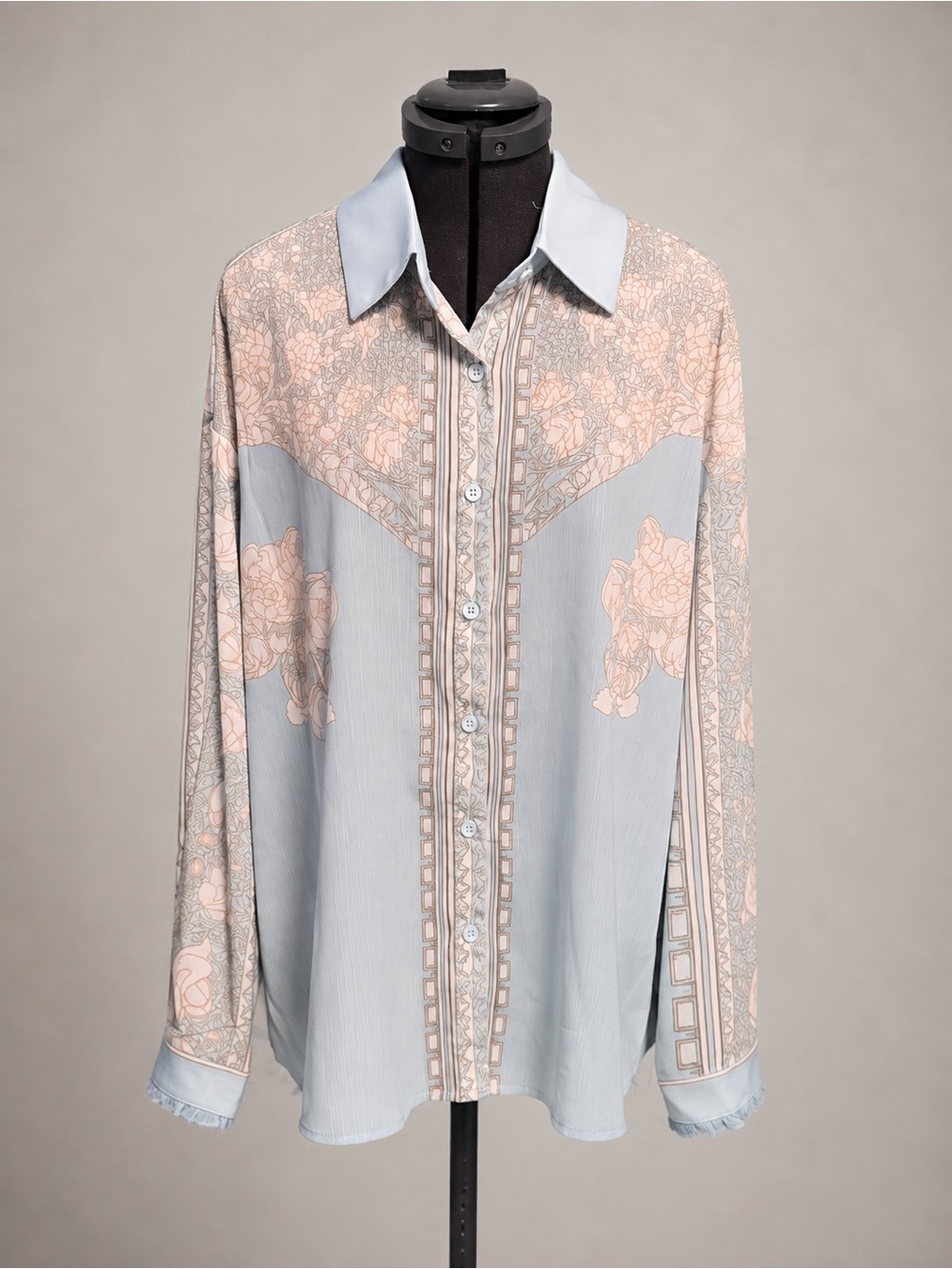 Art Nouveau Floral Western Shirt Blouse Boho Vintage Style Cottagecore Blue L - Picture 2 of 7